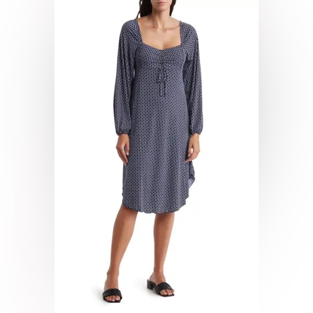 LunaChix Women's Blue Chain Print Bell Sleeve Tunic Dress Casual, sz M